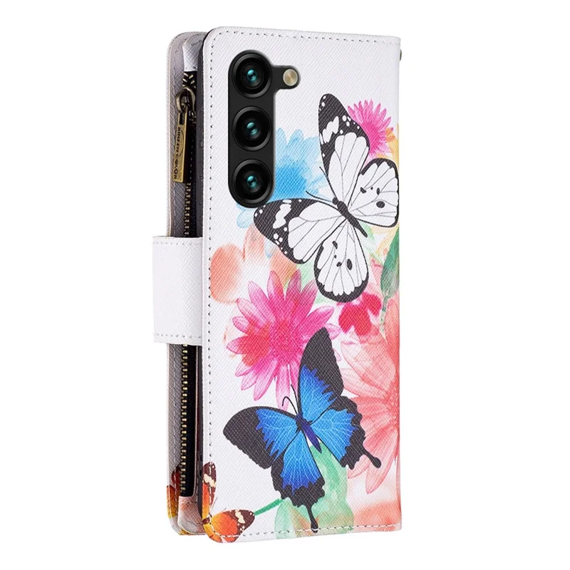 For Samsung Galaxy S23+ Leather Case with Strap Pattern Printing Zipper Wallet Phone Stand Cover - Two Butterflies