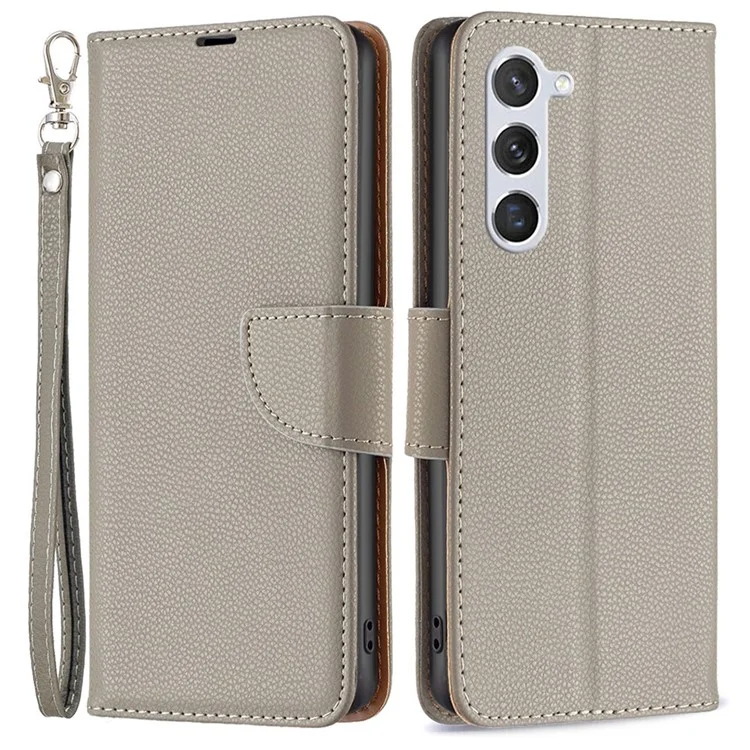 For Samsung Galaxy S23 Wallet Case Litchi Texture Flip Leather Mobile Cover Stand with Strap - Grey