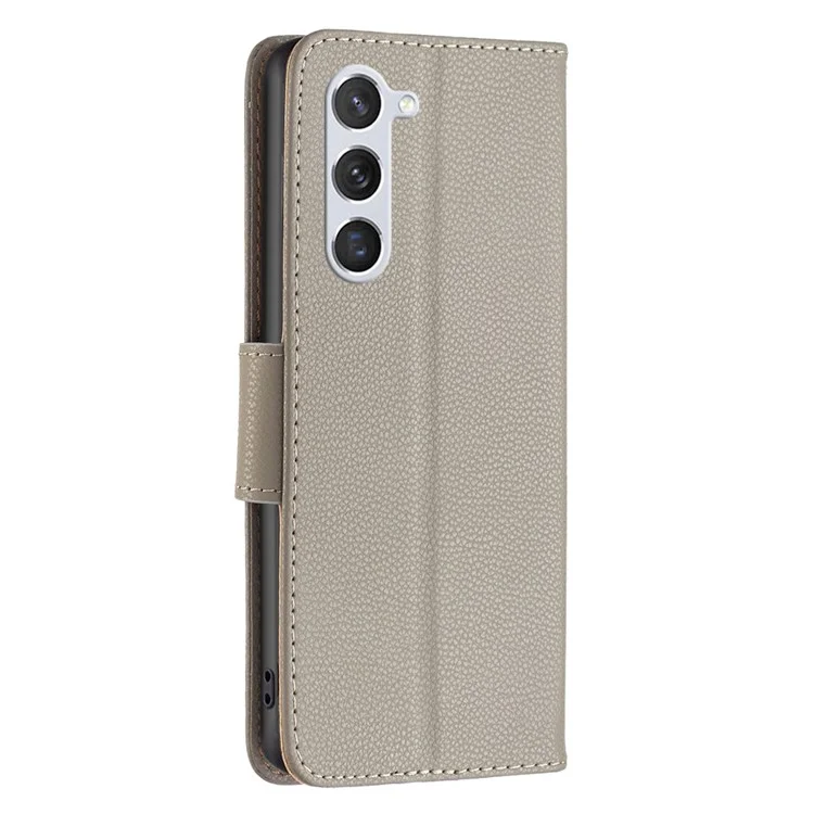 For Samsung Galaxy S23 Wallet Case Litchi Texture Flip Leather Mobile Cover Stand with Strap - Grey