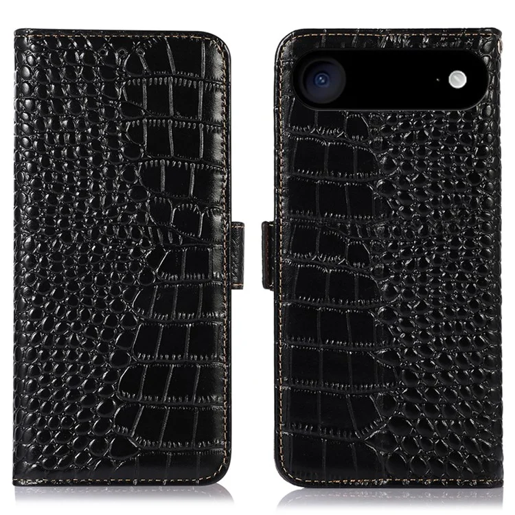 Für iPhone 17 Air Case Lederhülle mit Krokodil-Textur aus echtem Rindsleder Brieftasche - Schwarz