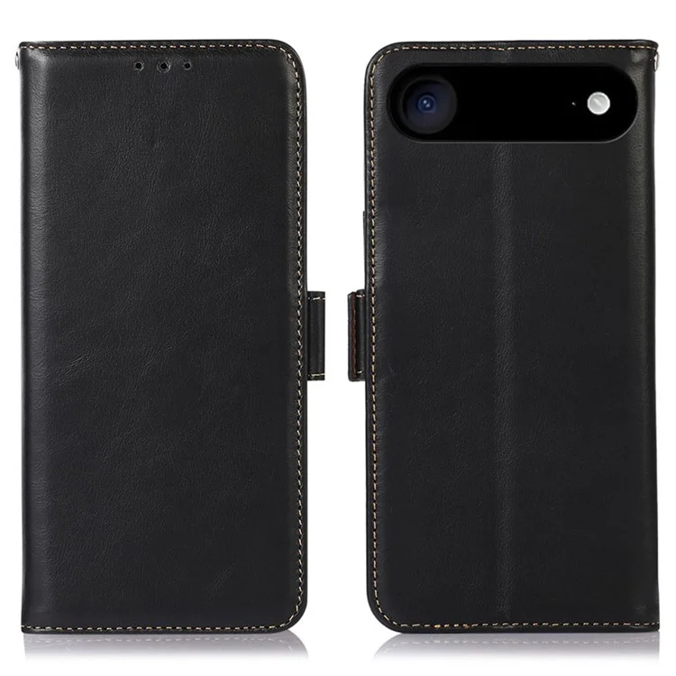 For iPhone 17 Air Case RFID Blocking Genuine Cow Leather Wallet Phone Cover - Black