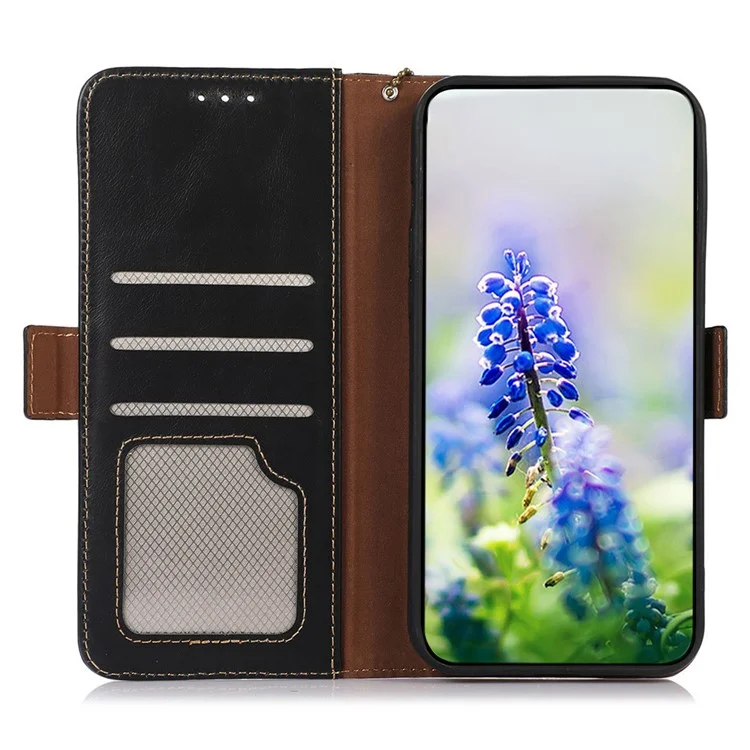 For iPhone 17 Air Case RFID Blocking Genuine Cow Leather Wallet Phone Cover - Black