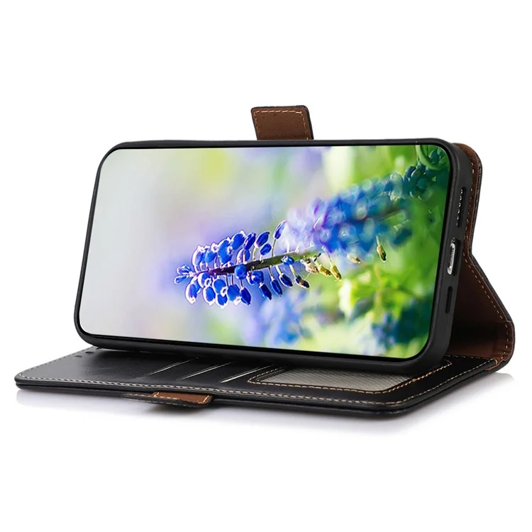 For iPhone 17 Air Case RFID Blocking Genuine Cow Leather Wallet Phone Cover - Black