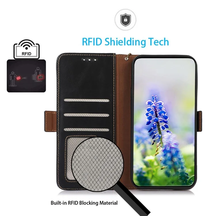 For iPhone 17 Air Case RFID Blocking Genuine Cow Leather Wallet Phone Cover - Black