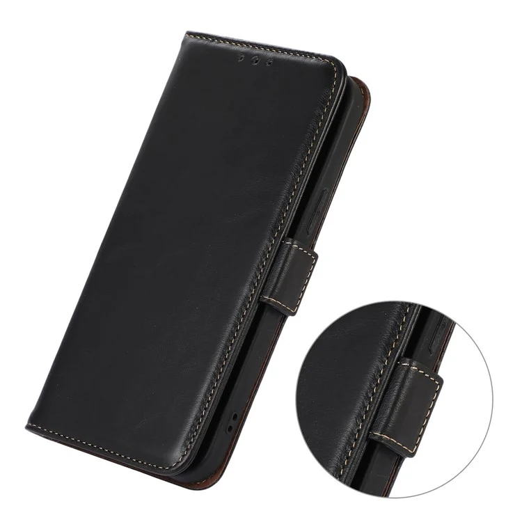 For iPhone 17 Air Case RFID Blocking Genuine Cow Leather Wallet Phone Cover - Black
