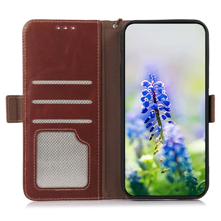 For iPhone 17 Air Case RFID Blocking Genuine Cow Leather Wallet Phone Cover - Brown