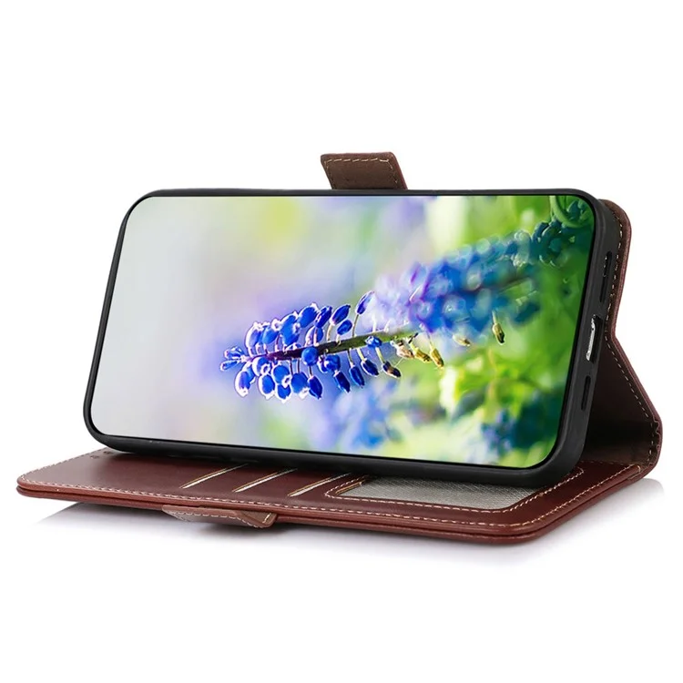 For iPhone 17 Air Case RFID Blocking Genuine Cow Leather Wallet Phone Cover - Brown