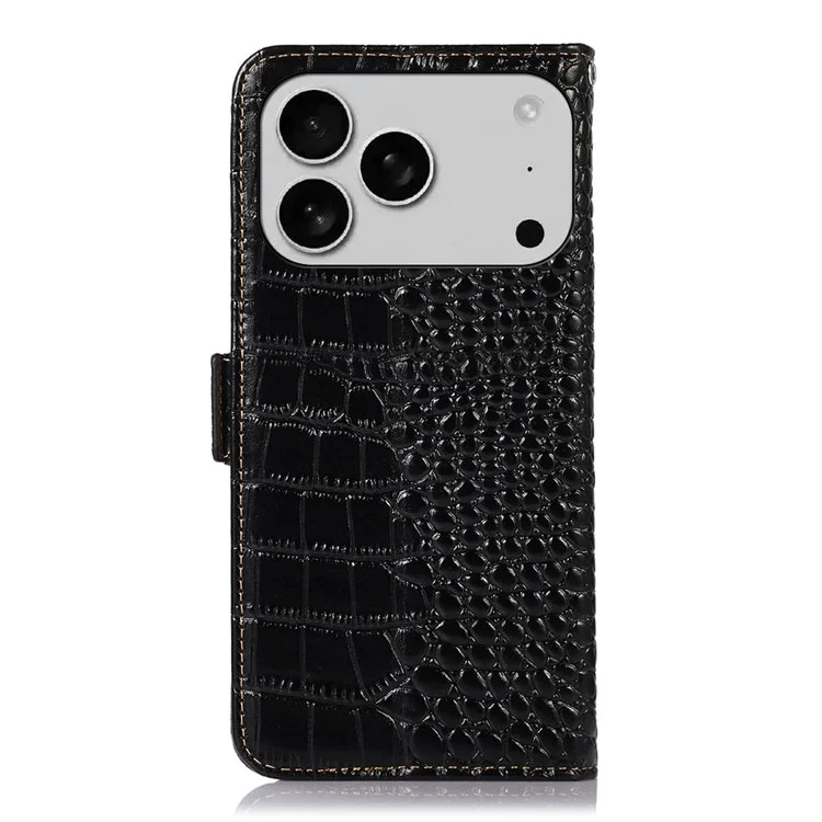 Für iPhone 17 Pro Max Hülle Kroko-Textur Echtes Rindsleder Handy Geldbörse Schutzhülle - Schwarz