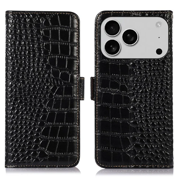 Für iPhone 17 Pro Hülle Krokodilleder-Textur Echtes Rindsleder-Handytasche - Schwarz