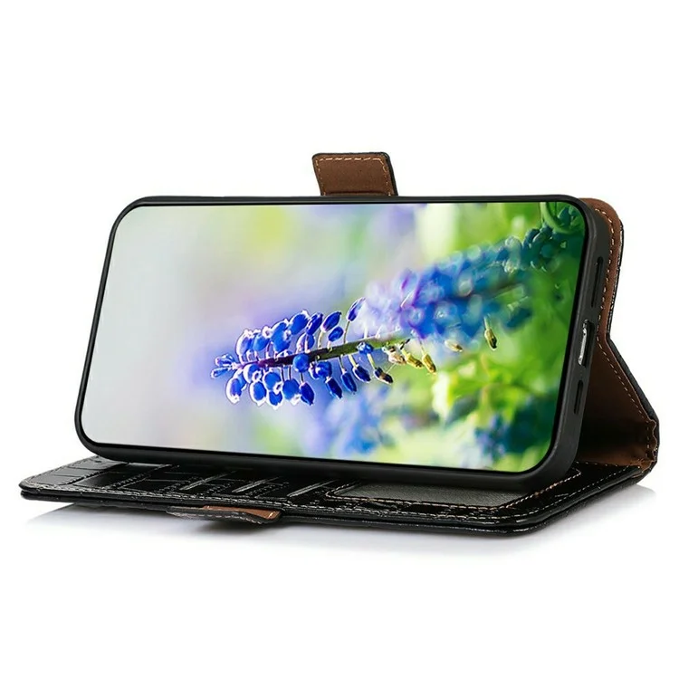 Für iPhone 17 Pro Hülle Krokodilleder-Textur Echtes Rindsleder-Handytasche - Schwarz