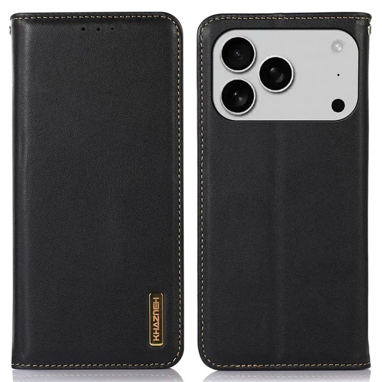 KHAZNEH für iPhone 17 Pro Hülle Geldbörse Echtes Kuhledertasche Handyhülle Nappaleder-Textur - Schwarz