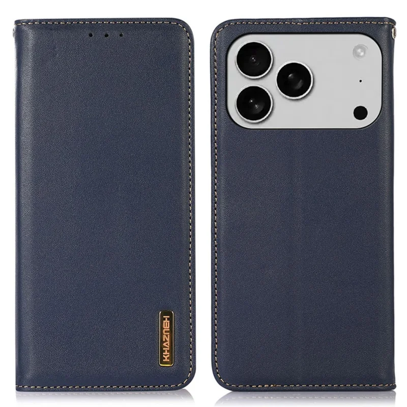 KHAZNEH For iPhone 17 Pro Case Wallet Genuine Cow Leather Phone Cover Nappa Texture - Blue