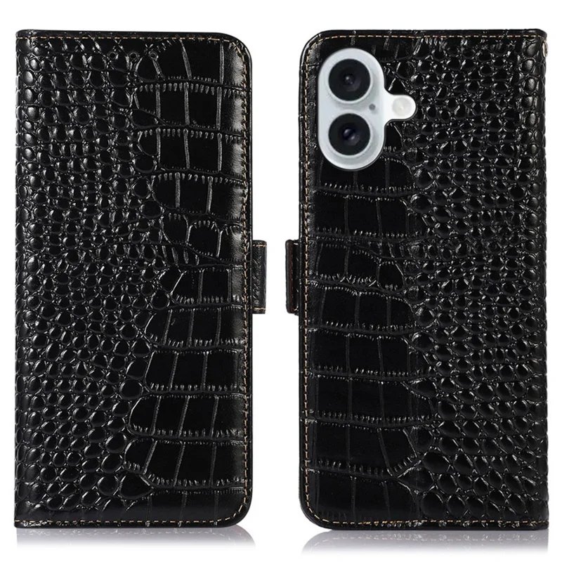 Für iPhone 17 Hülle Kroko-Textur Echtes Rindsleder Handy Brieftasche Schutzhülle - Schwarz