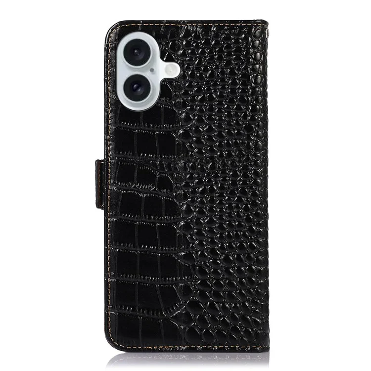 Für iPhone 17 Hülle Kroko-Textur Echtes Rindsleder Handy Brieftasche Schutzhülle - Schwarz
