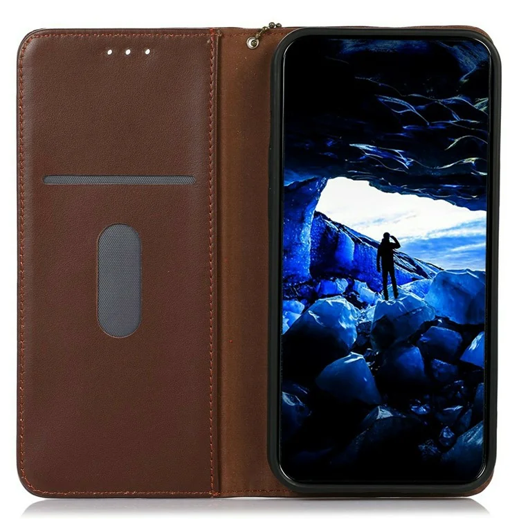 KHAZNEH Per iPhone 17 Cover a Portafoglio in Vera Pelle di Mucca, Cover per Telefono con Texture Nappa - Marrone