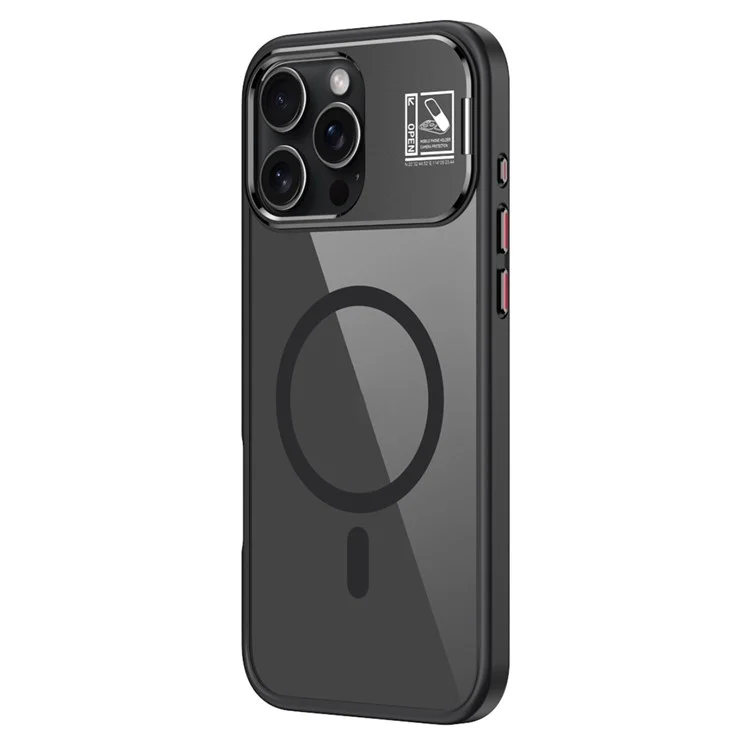 Für iPhone 16 Pro Max Magnetische Hülle TPU + Acryl Ständer Handyhülle mit Glasobjektivfolie - Schwarz