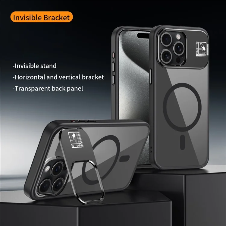 For iPhone 15 Pro Max Magnetic Case TPU + Acrylic Kickstand Phone Cover with Glass Lens Film - Black