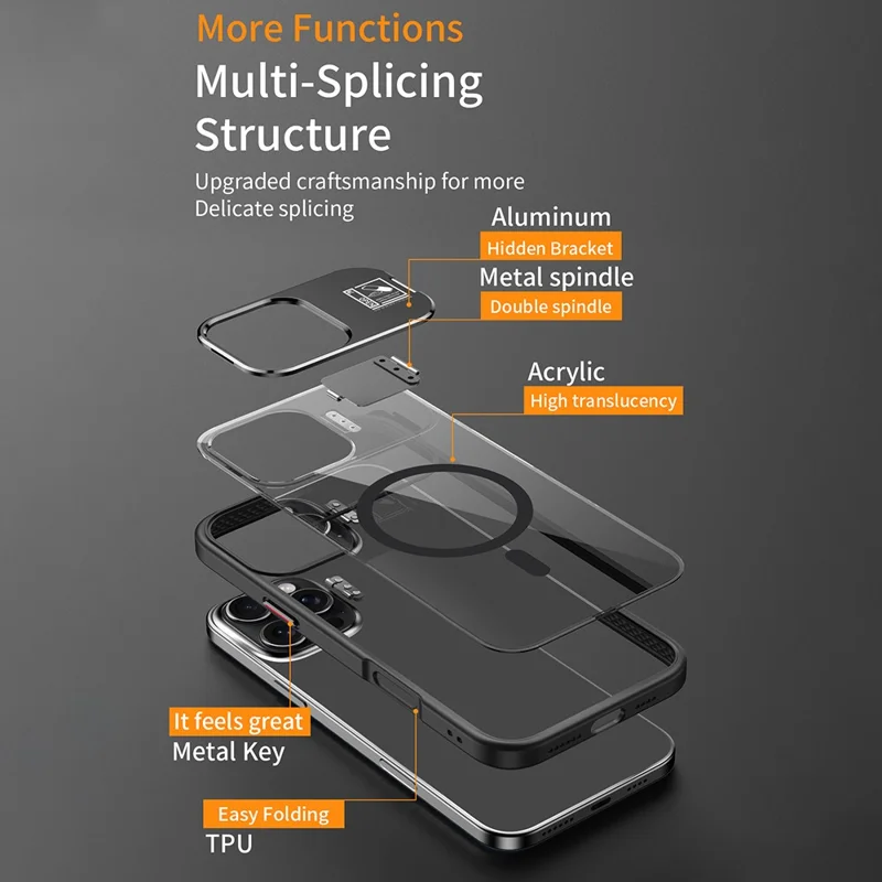 For iPhone 15 Pro Magnetic Case TPU + Acrylic Kickstand Phone Cover with Glass Lens Film - Black