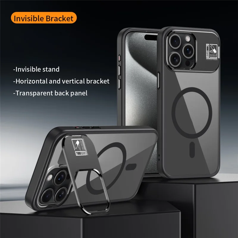 For iPhone 15 Pro Magnetic Case TPU + Acrylic Kickstand Phone Cover with Glass Lens Film - Black