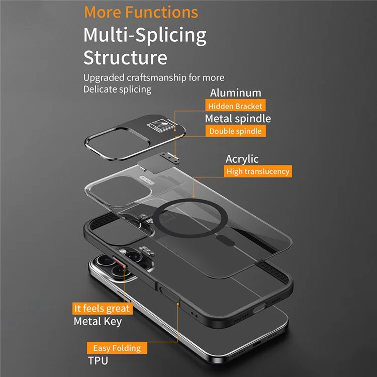For iPhone 16 Pro Magnetic Case TPU + Acrylic Kickstand Phone Cover with Glass Lens Film - Black