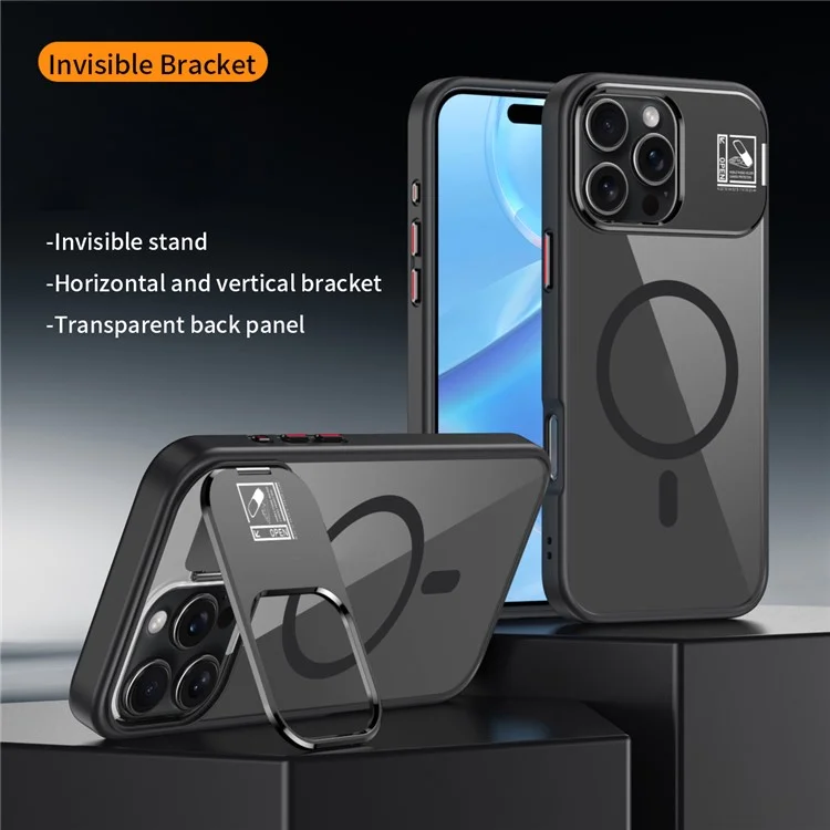 For iPhone 16 Pro Magnetic Case TPU + Acrylic Kickstand Phone Cover with Glass Lens Film - Black
