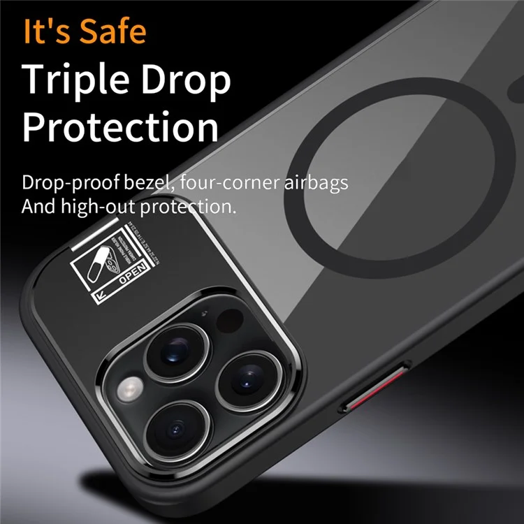 For iPhone 16 Pro Magnetic Case TPU + Acrylic Kickstand Phone Cover with Glass Lens Film - Black