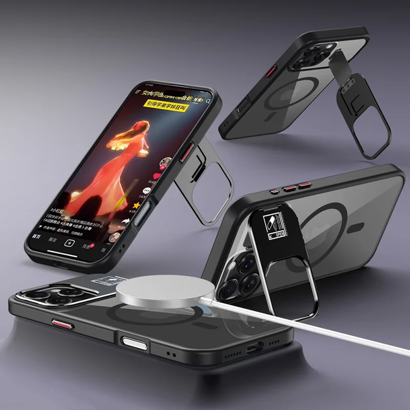 For iPhone 16 Plus Magnetic Case TPU + Acrylic Kickstand Phone Cover with Glass Lens Film - Black