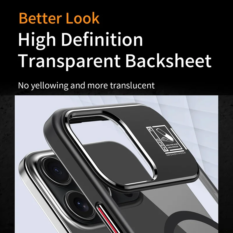 For iPhone 16 Plus Magnetic Case TPU + Acrylic Kickstand Phone Cover with Glass Lens Film - Black