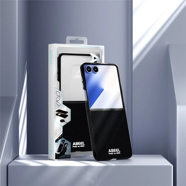ABEEL Для Samsung Galaxy Z Flip7 5G Чехол, совместимый с MagSafe, с печатным ПК, алюминиевым сплавом и кожаной отделкой - Черный