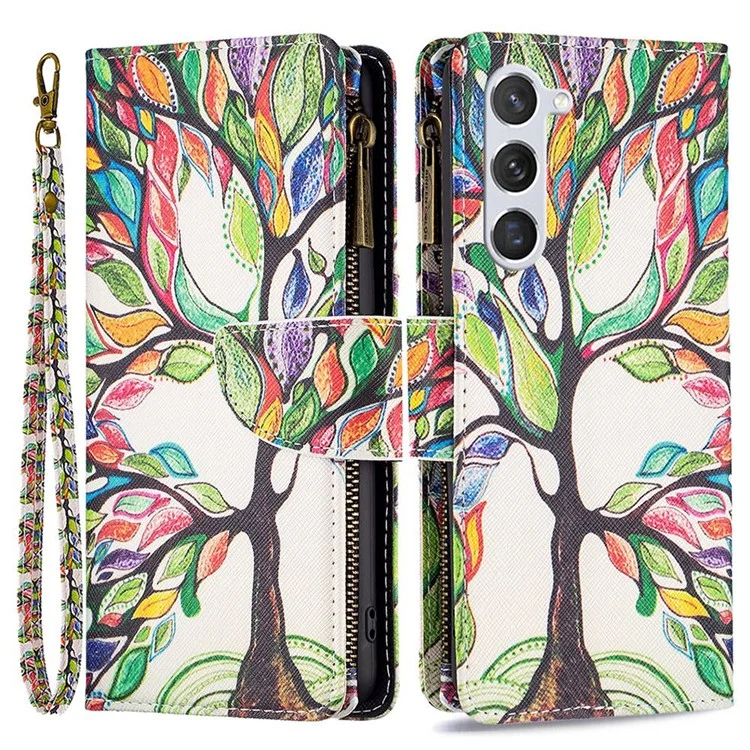 For Samsung Galaxy S23 Leather Case with Strap Pattern Printing Zipper Wallet Phone Stand Cover - Life Tree