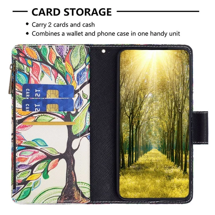 For Samsung Galaxy S23 Leather Case with Strap Pattern Printing Zipper Wallet Phone Stand Cover - Life Tree