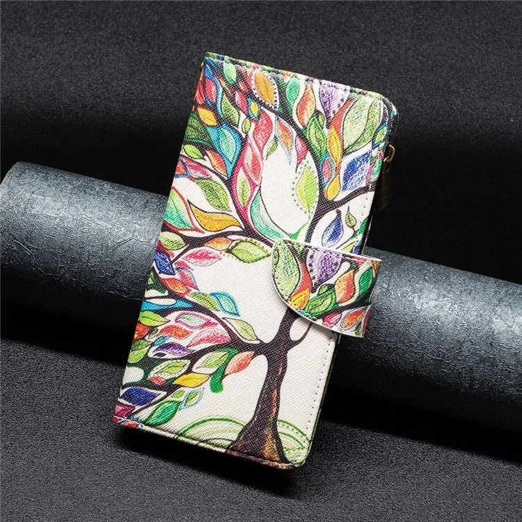 For Samsung Galaxy S23 Leather Case with Strap Pattern Printing Zipper Wallet Phone Stand Cover - Life Tree