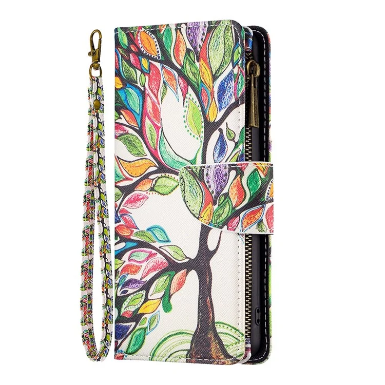 For Samsung Galaxy S23 Leather Case with Strap Pattern Printing Zipper Wallet Phone Stand Cover - Life Tree
