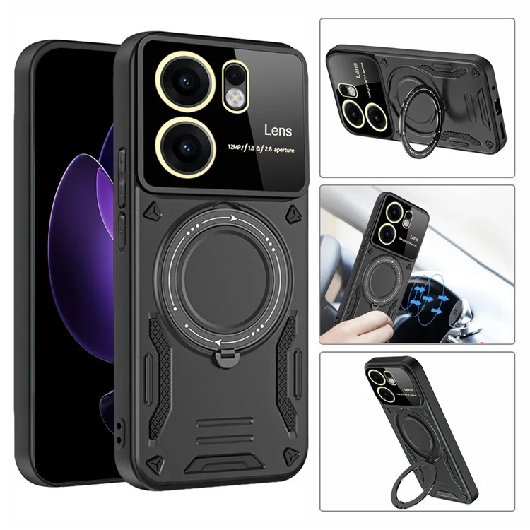 For Oppo Reno13 F 4G / 5G Case Rotating Magnetic Kickstand PC + TPU Phone Cover - Black