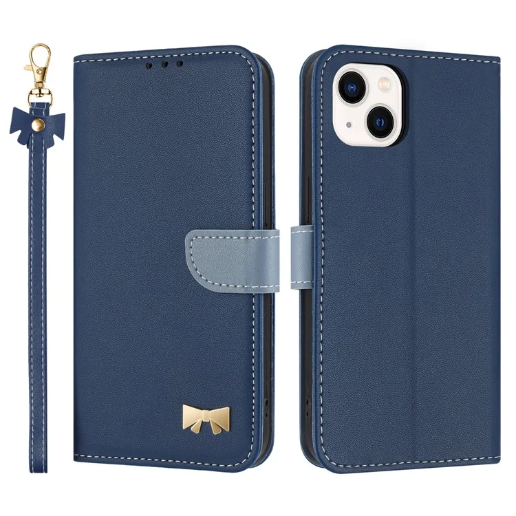 Für iPhone 14 / 13 Hülle Schleifendekor Leder Telefon Brieftasche mit Handschlaufe - Dunkelblau