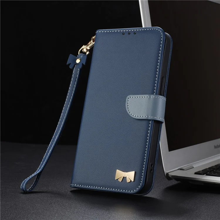 Für iPhone 14 / 13 Hülle Schleifendekor Leder Telefon Brieftasche mit Handschlaufe - Dunkelblau