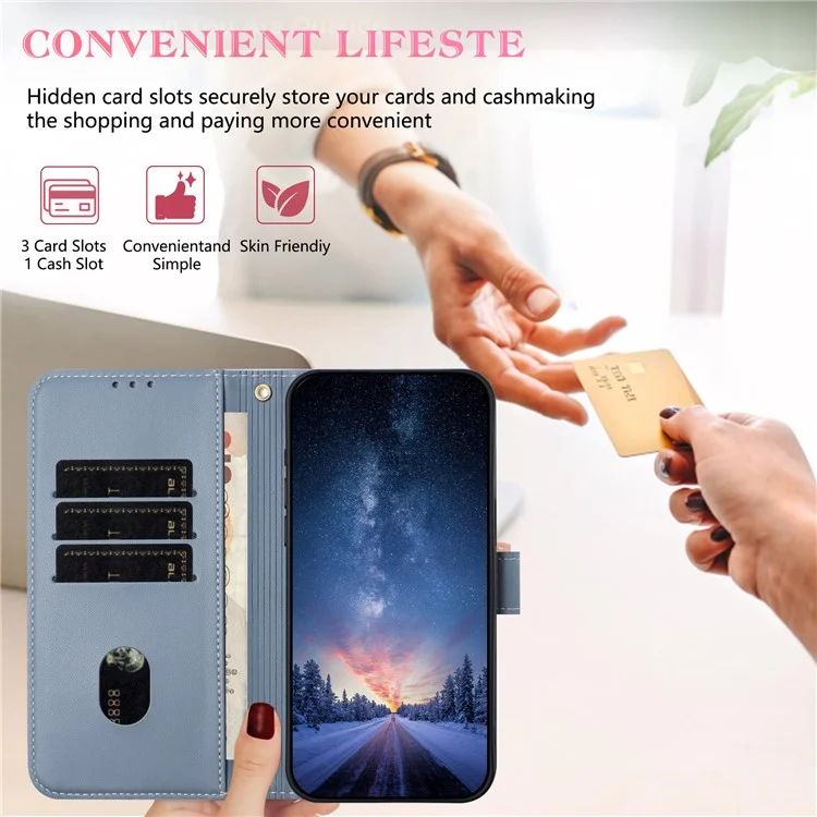 Für iPhone 14 / 13 Hülle Schleifendekor Leder Telefon Brieftasche mit Handschlaufe - Dunkelblau