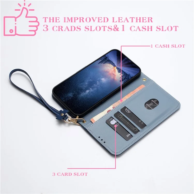 Für iPhone 14 / 13 Hülle Schleifendekor Leder Telefon Brieftasche mit Handschlaufe - Dunkelblau