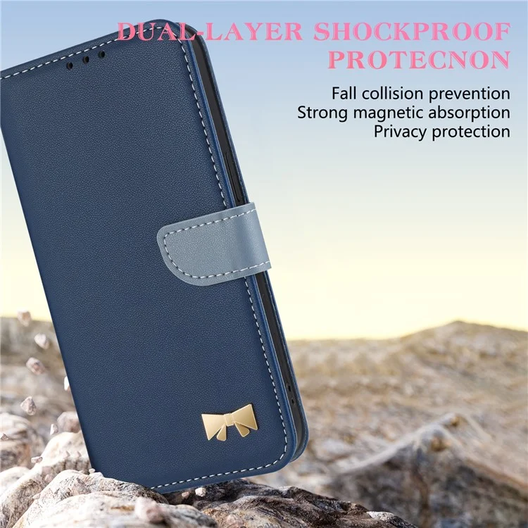 Für iPhone 14 / 13 Hülle Schleifendekor Leder Telefon Brieftasche mit Handschlaufe - Dunkelblau