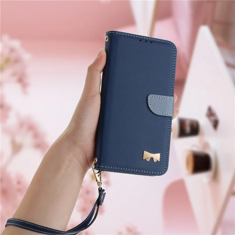 Für iPhone 14 / 13 Hülle Schleifendekor Leder Telefon Brieftasche mit Handschlaufe - Dunkelblau