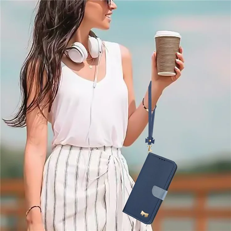 Für iPhone 14 / 13 Hülle Schleifendekor Leder Telefon Brieftasche mit Handschlaufe - Dunkelblau