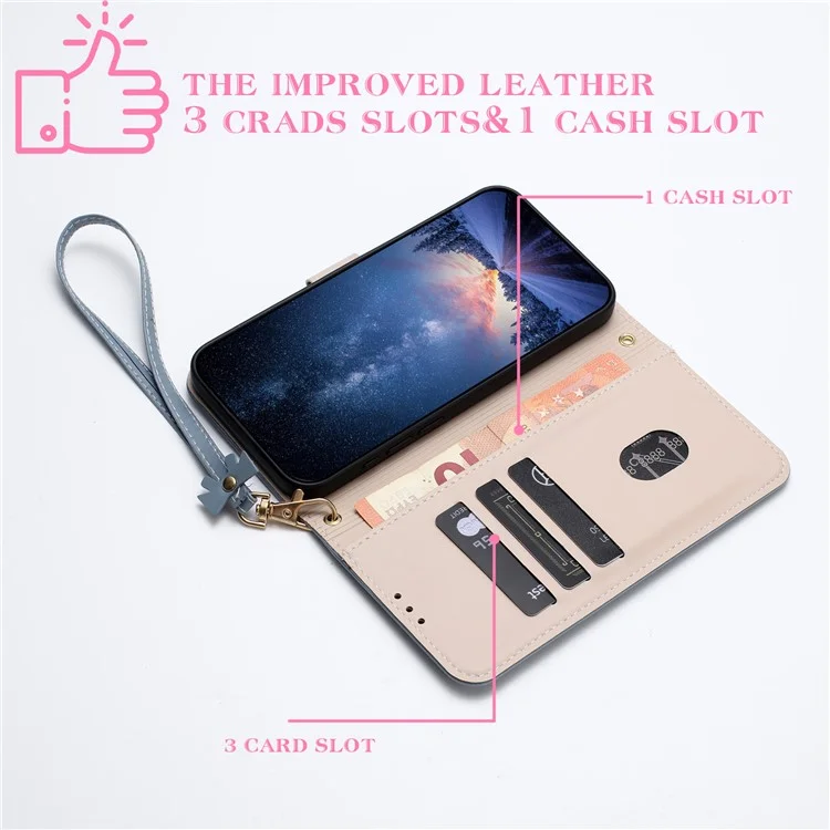 Für iPhone 15 Pro Hülle Schleifen-Dekor Geldbörse Leder Handyhülle mit Handgelenkschlaufe - Babyrosa
