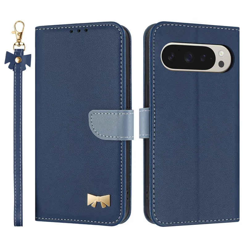 For Google Pixel 10 Pro XL / 9 Pro XL Case Bowknot Decor Wallet Leather Phone Cover with Wrist Strap - Dark Blue