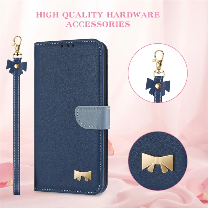 For Google Pixel 10 Pro XL / 9 Pro XL Case Bowknot Decor Wallet Leather Phone Cover with Wrist Strap - Dark Blue