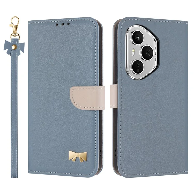 Capa de Celular For Honor 400 Pro 5G (Global) Laço Decorativo Carteira em Couro com Alça de Pulso - Azul Bebê