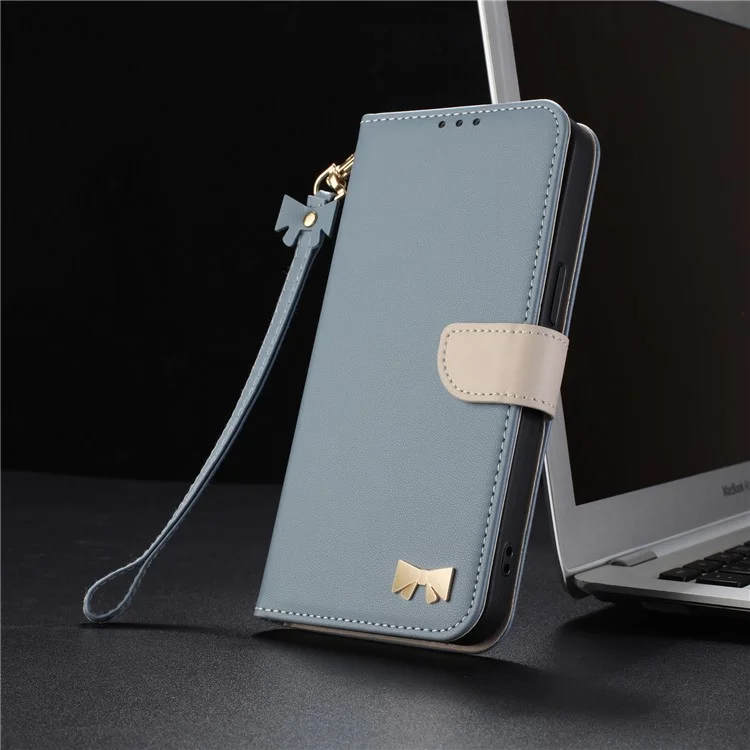 Capa de Celular For Honor 400 Pro 5G (Global) Laço Decorativo Carteira em Couro com Alça de Pulso - Azul Bebê