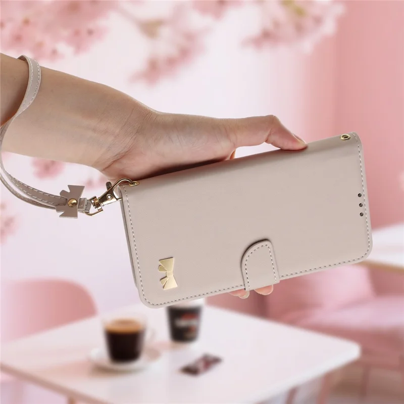 Samsung Galaxy S25 Ultra-hoesje met strikversiering, portemonnee, lederen telefoonhoes met polsbandje - Kaki