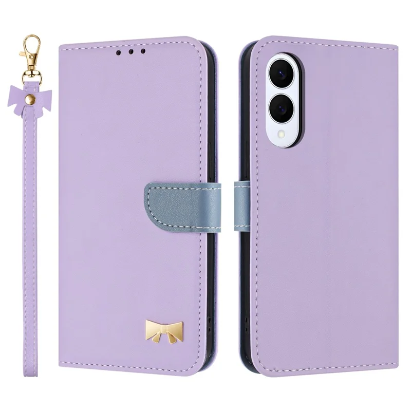 For Samsung Galaxy S25 Edge Case Bowknot Decor Wallet Leather Phone Cover with Wrist Strap - Purple