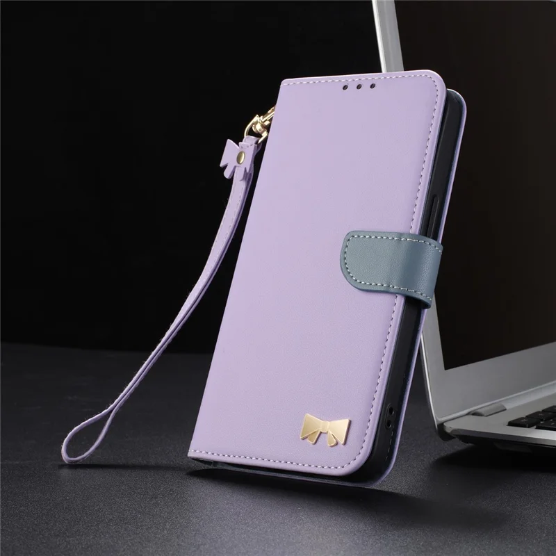 For Samsung Galaxy S25 Edge Case Bowknot Decor Wallet Leather Phone Cover with Wrist Strap - Purple
