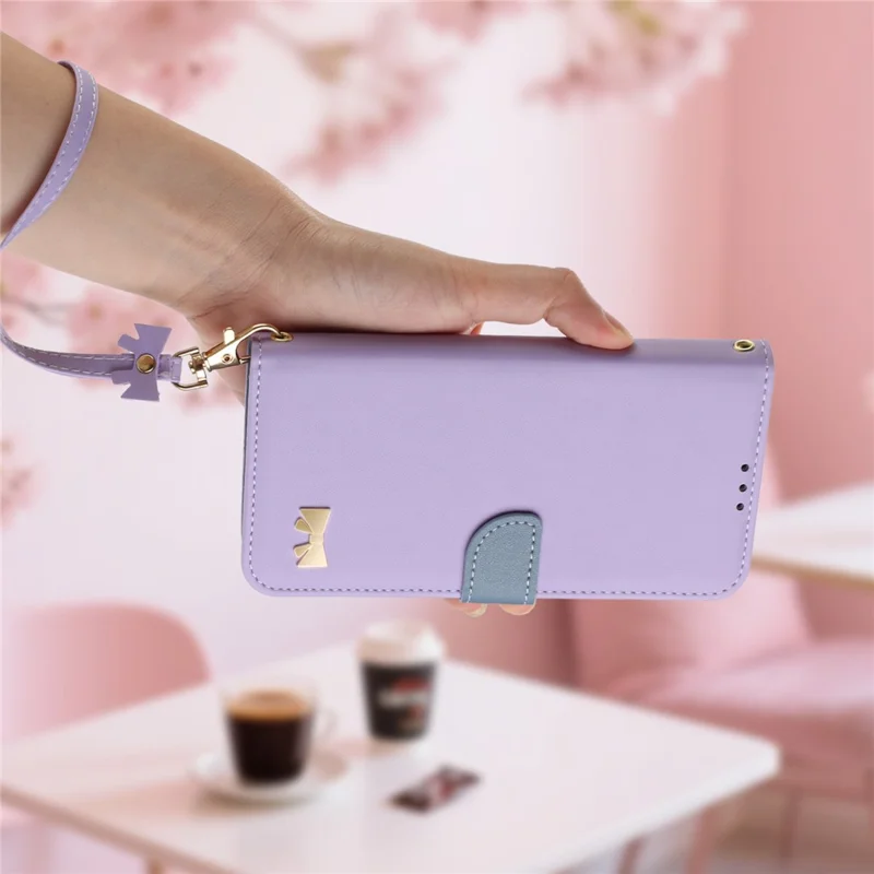 For Samsung Galaxy S25 Edge Case Bowknot Decor Wallet Leather Phone Cover with Wrist Strap - Purple